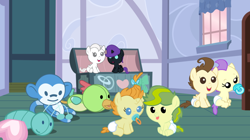 Size: 1024x572 | Tagged: safe, artist:3d4d, cream puff, pound cake, pumpkin cake, oc, oc:crescent, oc:nyx, pony, apple bud, baby, baby pony, sugarcube corner