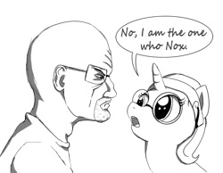 Size: 1045x811 | Tagged: artist needed, safe, oc, oc:nyx, alicorn, pony, alicorn oc, breaking bad, crossover, frown, glare, glasses, heisenberg, joke, monochrome, open mouth, pun, walter white