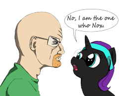 Size: 1045x811 | Tagged: artist needed, safe, oc, oc:nyx, alicorn, pony, alicorn oc, breaking bad, crossover, frown, glare, heisenberg, joke, open mouth, pun, simple background, speech bubble, transparent background, walter white