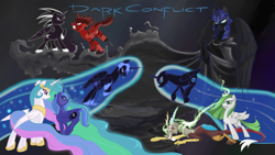 Size: 900x506 | Tagged: safe, artist:fiarel, discord, nightmare moon, princess celestia, princess luna, oc, oc:nyx, alicorn, pony, alicorn oc