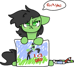 Size: 505x460 | Tagged: safe, artist:nootaz, oc, oc:anon, oc:anon filly, earth pony, pony, :t, blushing, cute, drawing, father's day, female, filly, floppy ears, glare, heart, hoof hold, looking at you, marker, simple background, sitting, solo, speech bubble, transparent background, tsundere, vulgar