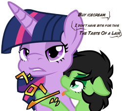 Size: 4840x4413 | Tagged: safe, artist:daku, twilight sparkle, oc, oc:anon filly, pony, absurd resolution, dialogue, female, filly, floppy ears, jojo's bizarre adventure, licking, lidded eyes, nervous, open mouth, parody, simple background, the taste of a liar, tongue out, transparent background, vento aureo