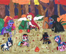 Size: 1160x950 | Tagged: safe, artist:ask-luciavampire, twilight sparkle, twilight sparkle (alicorn), oc, oc:nyx, alicorn, pony, vampire, vampony, zombie, alicorn oc, devil, dia de los muertos, halloween, mad hatter, plague doctor, plague doctor mask, red riding hood, tumblr, tumblr:ask-luciavampire