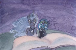Size: 433x285 | Tagged: safe, artist:enuwey, princess luna, oc, oc:nyx, alicorn, pony, alicorn oc, book, reading