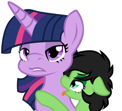 Size: 4840x4413 | Tagged: safe, artist:daku, twilight sparkle, oc, oc:anon filly, pony, absurd resolution, exploitable, female, filly, floppy ears, jojo's bizarre adventure, licking, lidded eyes, nervous, open mouth, parody, simple background, the taste of a liar, tongue out, transparent background, vento aureo