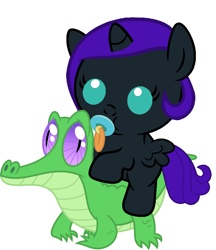 Size: 836x967 | Tagged: safe, artist:red4567, gummy, oc, oc:nyx, alicorn, pony, alicorn oc, baby, baby pony, cute, nyxabetes, pacifier, ponies riding gators, recolor, simple background, weapons-grade cute, white background
