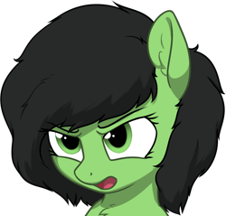 Size: 1828x1750 | Tagged: safe, artist:smoldix, edit, oc, oc only, oc:anon filly, pony, annoyed, bust, chest fluff, close-up, cropcon, cropped, explicit source, female, filly, frown, furrowed brow, open mouth, simple background, solo, transparent background
