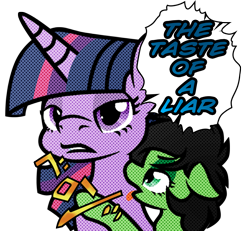 Size: 4970x4602 | Tagged: safe, artist:daku, derpibooru exclusive, twilight sparkle, oc, oc:anon filly, pony, absurd resolution, ben-day dots, bust, cmyk dots, dialogue, exploitable, female, filly, floppy ears, jojo's bizarre adventure, licking, lidded eyes, modern art, nervous, open mouth, parody, ponified, pop art, portrait, simple background, text, the taste of a liar, tongue out, transparent background, vento aureo