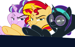 Size: 1609x1025 | Tagged: artist needed, safe, starlight glimmer, sunset shimmer, oc, oc:nyx, alicorn, pony, unicorn, equestria girls, alicorn oc, desk, hooves on the table, s5 starlight, simple background, smirk, smug, smuglight glimmer, starlightnyxshimmer, transparent background, vector, welcome home twilight, wrong neighborhood