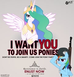 Size: 999x1031 | Tagged: safe, artist:wolfjedisamuel, princess celestia, rainbow dash, alicorn, pegasus, pony, gun, join the herd, propaganda