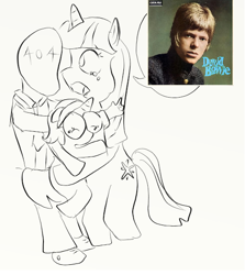 Size: 508x570 | Tagged: safe, twilight sparkle, oc, oc:anon, oc:nyx, alicorn, human, pony, alicorn oc, crying, david bowie, monochrome, obligatory david bowie