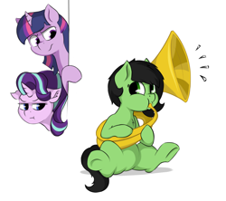 Size: 1350x1200 | Tagged: safe, artist:crownhound, starlight glimmer, twilight sparkle, oc, oc:anon filly, pony, annoyed, female, filly, floppy ears, frown, lidded eyes, musical instrument, not impressed, simple background, sitting, trio, tuba, underhoof