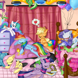 Size: 1024x1024 | Tagged: safe, artist:pauuhanthothecat, applejack, fluttershy, gummy, pinkie pie, princess celestia, rainbow dash, rarity, spike, spitfire, twilight sparkle, twilight sparkle (alicorn), alicorn, alligator, dragon, earth pony, pegasus, pony, unicorn, apple, balloon, bed, bedroom, book, cupcake, drool, female, mane seven, mane six, mare, messy, plushie, sleeping, slumber party, teddy bear, that pony sure does love apples