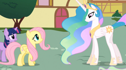 Size: 1054x592 | Tagged: safe, screencap, fluttershy, princess celestia, twilight sparkle, alicorn, pegasus, pony, a bird in the hoof