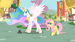 Size: 1054x592 | Tagged: safe, screencap, fluttershy, philomena, princess celestia, alicorn, bird, pegasus, phoenix, pony, a bird in the hoof, ash, confused, duo, ethereal mane, female, mare, spread wings, wings, worried