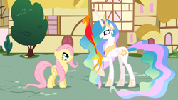 Size: 1054x592 | Tagged: safe, screencap, fluttershy, philomena, princess celestia, alicorn, bird, pegasus, phoenix, pony, a bird in the hoof, ethereal mane, female, looking up, mare, raised hoof, trio