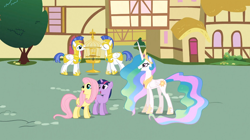 Size: 1054x592 | Tagged: safe, screencap, fluttershy, princess celestia, twilight sparkle, alicorn, pegasus, pony, a bird in the hoof, royal guard