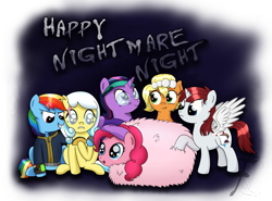 Size: 3297x2434 | Tagged: safe, artist:flufflelord, applejack, fluttershy, pinkie pie, rainbow dash, rarity, twilight sparkle, oc, oc:brownie bun, oc:fausticorn, oc:fluffle puff, oc:littlepip, oc:nyx, oc:snowdrop, alicorn, earth pony, pegasus, pony, unicorn, alicorn oc, clothes, cosplay, costume, fake cutie mark, fake wings, fanfic, fanfic art, female, glasses, grin, halloween, hooves, horn, lauren faust, mane six, mare, nightmare night, nightmare night costume, pipbuck, simple background, sitting, smiling, standing, taco, tongue out, transparent background, vault suit, wig, wings