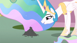 Size: 1054x592 | Tagged: safe, screencap, philomena, princess celestia, alicorn, pony, a bird in the hoof, ash, ethereal mane, female, hoof shoes, jewelry, lidded eyes, looking at something, looking down, mare, open mouth, peytral, smiling, solo, tiara