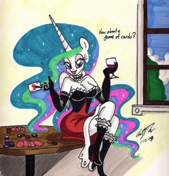 Size: 1280x1340 | Tagged: safe, artist:newyorkx3, princess celestia, anthro, plantigrade anthro, ace of hearts, card, cleavage, clothes, dress, evening gloves, female, poker, solo, stockings, traditional art, wine