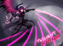 Size: 1725x1275 | Tagged: dead source, safe, artist:ninjaham, derpibooru import, twilight sparkle, human, abstract background, acdsee, crossover, female, final fantasy, humanized, sephiroth, solo, sword, winged humanization, wings