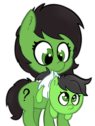 Size: 774x1024 | Tagged: safe, artist:lazynore, oc, oc only, oc:anon filly, pony, baby, baby pony, cute, diaper, duo, ear fluff, female, filly, frown, holding a pony, looking at you, mouth hold, simple background, smiling, transparent background