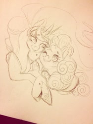Size: 768x1024 | Tagged: safe, artist:pixelai8ou, pinkie pie, princess celestia, alicorn, earth pony, pony, hug, nuzzling, sketch