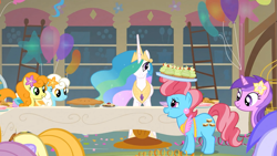 Size: 1053x592 | Tagged: safe, screencap, amethyst star, carrot top, cup cake, golden harvest, princess celestia, serena, sparkler, alicorn, pony, a bird in the hoof, cupcake, food, pie, wrong cutie mark