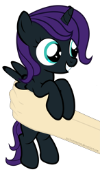 Size: 4617x7917 | Tagged: safe, artist:justisanimation, oc, oc only, oc:nyx, alicorn, human, pony, fanfic:past sins, absurd resolution, alicorn oc, cute, daaaaaaaaaaaw, female, filly, flash, hand, hnnng, holding a pony, justis holds a pony, nyxabetes, simple background, smiling, transparent background, vector, weapons-grade cute