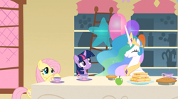 Size: 1053x591 | Tagged: safe, screencap, fluttershy, princess celestia, twilight sparkle, alicorn, pegasus, pony, a bird in the hoof