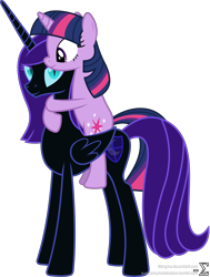 Size: 5690x7530 | Tagged: safe, artist:90sigma, twilight sparkle, oc, oc:nyx, alicorn, pony, absurd resolution, alicorn oc, cute, female, hug, mother and child, mother and daughter, older, parent and child, ponies riding ponies, simple background, smiling, transparent background, vector