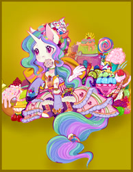 Size: 745x960 | Tagged: safe, artist:saint-juniper, princess celestia, alicorn, pony, cake, candy, clothes, color porn, cupcake, donut, dress, food, mouth hold, socks, solo