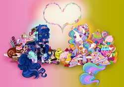 Size: 1300x913 | Tagged: safe, artist:saint-juniper, princess celestia, princess luna, alicorn, pony, cake, candy, clothes, color porn, cupcake, donut, food, solo