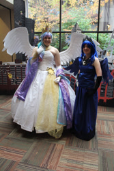 Size: 1280x1920 | Tagged: artist needed, safe, princess celestia, princess luna, human, akicon, clothes, convention, cosplay, evening gloves, irl, irl human, photo, wings