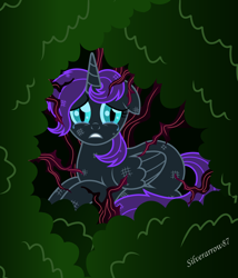 Size: 4016x4695 | Tagged: safe, artist:silverarrow87, oc, oc only, oc:nyx, alicorn, pony, fanfic:past sins, absurd resolution, alicorn oc, bush, injured, scared, solo