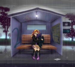 Size: 942x848 | Tagged: safe, artist:bluest-ayemel, sunset shimmer, oc, oc:nyx, alicorn, equestria girls, alicorn oc, bench, bus stop, fanfic art, fanfic cover, fimfiction, horned humanization, hug, human coloration, humanized, pony coloring, pony ears, rain, winged humanization