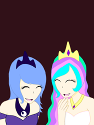 Size: 768x1024 | Tagged: safe, artist:kyasha5021o, princess celestia, princess luna, human, eyes closed, humanized, laughing, light skin, simple background