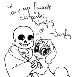 Size: 723x763 | Tagged: artist needed, safe, oc, oc:nyx, alicorn, pony, /mlp/, 4chan, alicorn oc, crossover, monochrome, sans (undertale), shitposting, skeleton, undertale, vulgar, wingless