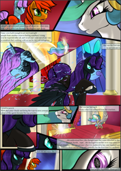 Size: 1087x1536 | Tagged: safe, artist:sevireth, princess celestia, oc, oc:nyx, alicorn, pony, comic:recollection, alicorn oc, comic, magic, throne room, tyrant celestia