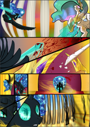 Size: 1087x1536 | Tagged: safe, artist:sevireth, princess celestia, oc, oc:nyx, alicorn, pony, comic:recollection, alicorn oc, blood, comic, horn, magic, throne room, tyrant celestia