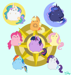 Size: 1800x1897 | Tagged: safe, artist:tamurakitty, applejack, fluttershy, pinkie pie, princess celestia, princess luna, rainbow dash, rarity, twilight sparkle, twilight sparkle (alicorn), alicorn, mane six, pusheen, species swap