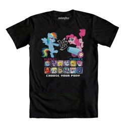 Size: 1000x1000 | Tagged: safe, applejack, big macintosh, derpy hooves, dj pon-3, doctor whooves, pinkie pie, princess celestia, princess luna, rainbow dash, rarity, twilight sparkle, vinyl scratch, alicorn, earth pony, pegasus, pony, unicorn, 8-bit, character select, clothes, fighting game, male, official, partillery, party cannon, shirt, stallion, t-shirt, welovefine