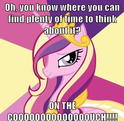 Size: 500x485 | Tagged: safe, princess cadance, alicorn, pony, abstract background, advice meme, bust, crown, female, horn, image macro, jewelry, looking at you, mare, meme, multicolored mane, pink coat, regalia, simple background, smiling, solo, text, wings