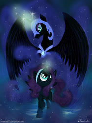 Size: 1200x1600 | Tagged: safe, artist:sweeterwho, nightmare moon, oc, oc:nyx, alicorn, pony, fanfic:past sins, alicorn oc, dark, ethereal mane, fanfic art, female, filly, foal, glowing horn, horn, magic, mare, night, nightmare nyx, slit eyes, starry mane, two sides