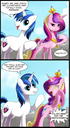 Size: 607x1109 | Tagged: source needed, useless source url, safe, artist:jiayi, princess cadance, shining armor, alicorn, pony, unicorn, a canterlot wedding, 2 panel comic, comic, dialogue, female, implied twilight sparkle, male, mare, marriage proposal, nail file, rearing, shiningcadance, shipping, speech bubble, stallion, straight, unimpressed