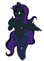 Size: 1094x1500 | Tagged: safe, artist:dfectivedvice, edit, oc, oc only, oc:nyx, alicorn, pony, alicorn oc, both cutie marks, chest fluff, clothes, ear fluff, on back, simple background, socks, solo, spread wings, transparent background