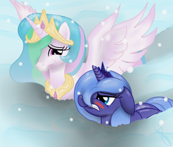 Size: 1024x868 | Tagged: safe, artist:sonicrainboom93, princess celestia, princess luna, alicorn, pony, cute, filly, snow, snowfall, woona