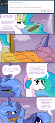 Size: 1000x2234 | Tagged: safe, artist:pijinpyon, princess celestia, princess luna, alicorn, pony, ask, ask little luna, bed, cookie, food, gingerbread (food), remote, s1 luna, tumblr