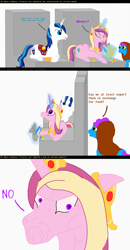 Size: 1000x1929 | Tagged: safe, artist:hakar-kerarmor, princess cadance, shining armor, alicorn, earth pony, pony, unicorn, cadance loves tiaras, dwarf fortress, female, male, mare, prone, simple background, stallion, throne, tiara, tyrant cadance, white background