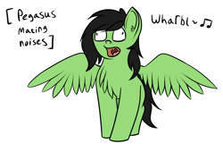 Size: 3733x2411 | Tagged: safe, artist:shpoople, oc, oc:anon filly, pegasus, pony, behaving like a bird, chest fluff, descriptive noise, female, filly, mating call, mating dance, open mouth, silly, simple background, solo, warb, white background